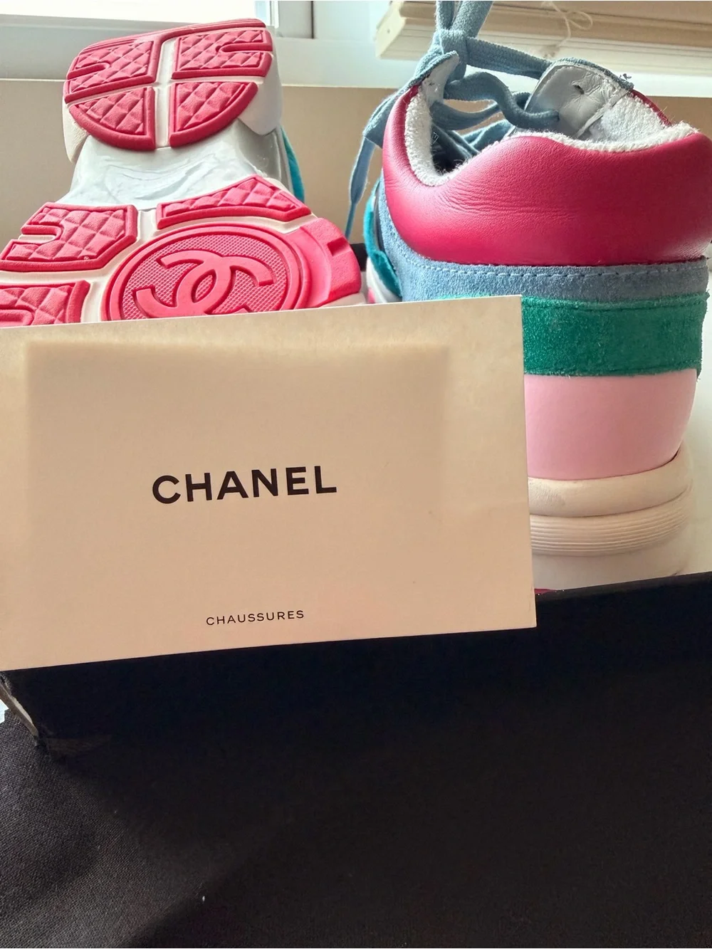 CHANEL Turquoise, Navy & Pink Suede Leather CC Logo Sneakers